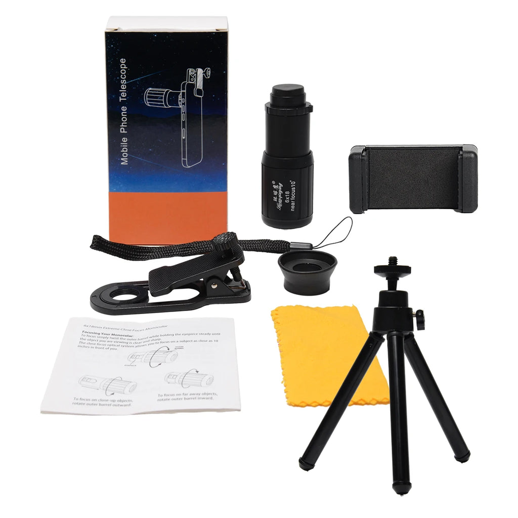 HD 6X Phone Lens Camera Telephoto Zoom Monocular Telescope Telescopic Focus Compact Min Lens + SelfieTripod  For All Smartphones