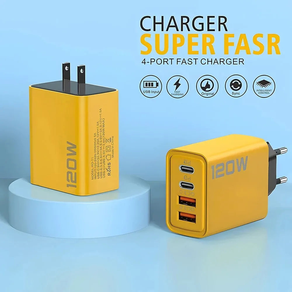 4 Ports USB C PD Charger Quick Charge 3.0 Type C USB Phone Chargers Fast Charging Adapter For iPhone 16 15 Samsung Xiaomi Huawei